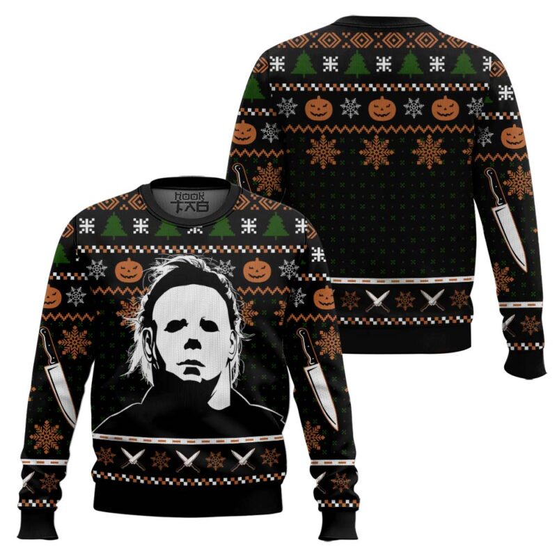 Hooktab Michael Myers Pumpkin Slasher Ugly Christmas Sweater Hooktab Michael Myers Pumpkin Slasher Ugly Christmas Sweater