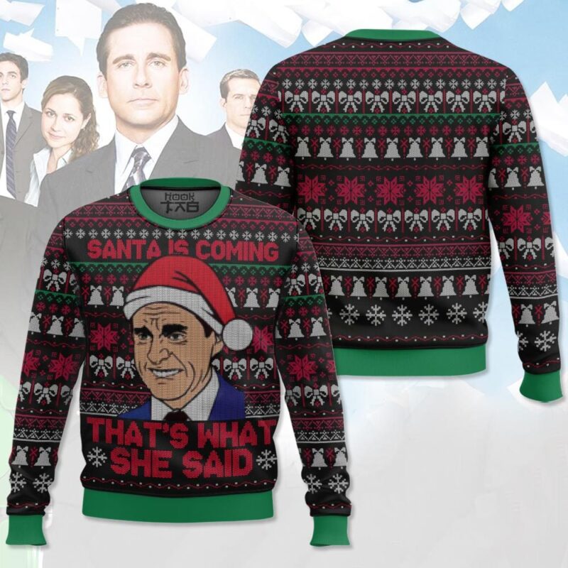 Hooktab Michael Scott Santa Is Coming The Office Ugly Christmas Sweater Hooktab Michael Scott Santa Is Coming The Office Ugly Christmas Sweater