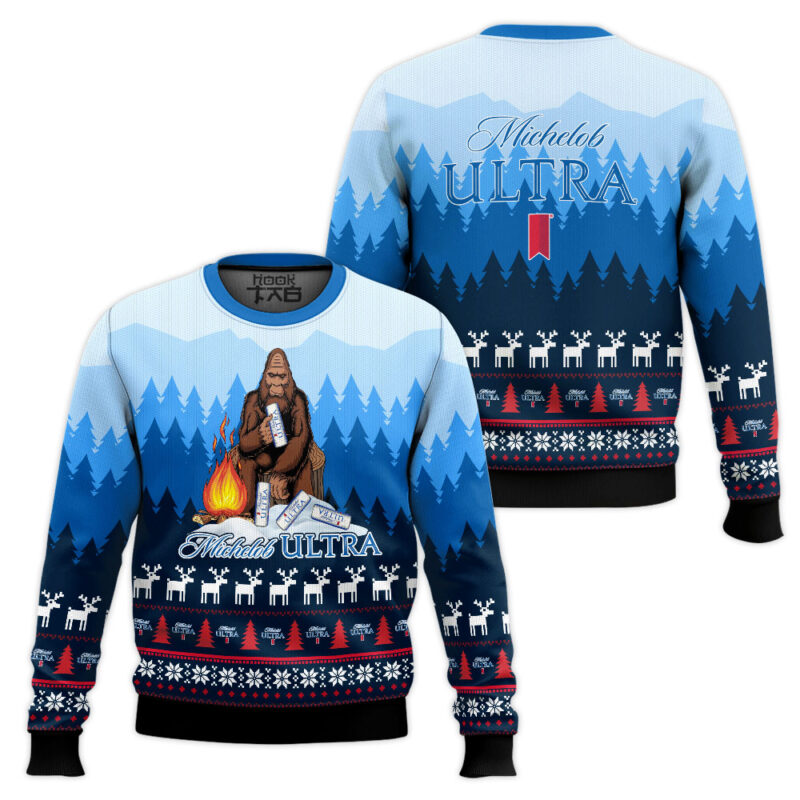 Hooktab Michelob Ultra Big Foot Ugly Christmas Sweater Hooktab Michelob Ultra Big Foot Ugly Christmas Sweater