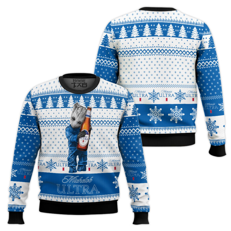 Hooktab Michelob Ultra Groot Ugly Christmas Sweater Hooktab Michelob Ultra Groot Ugly Christmas Sweater