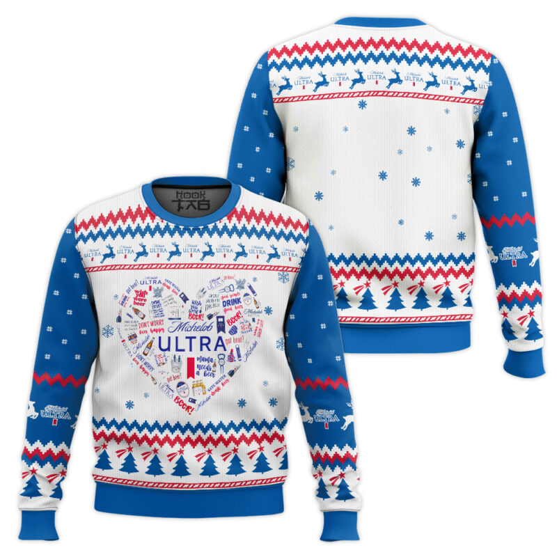 Hooktab Michelob Ultra Heart Ugly Christmas Sweater Hooktab Michelob Ultra Heart Ugly Christmas Sweater