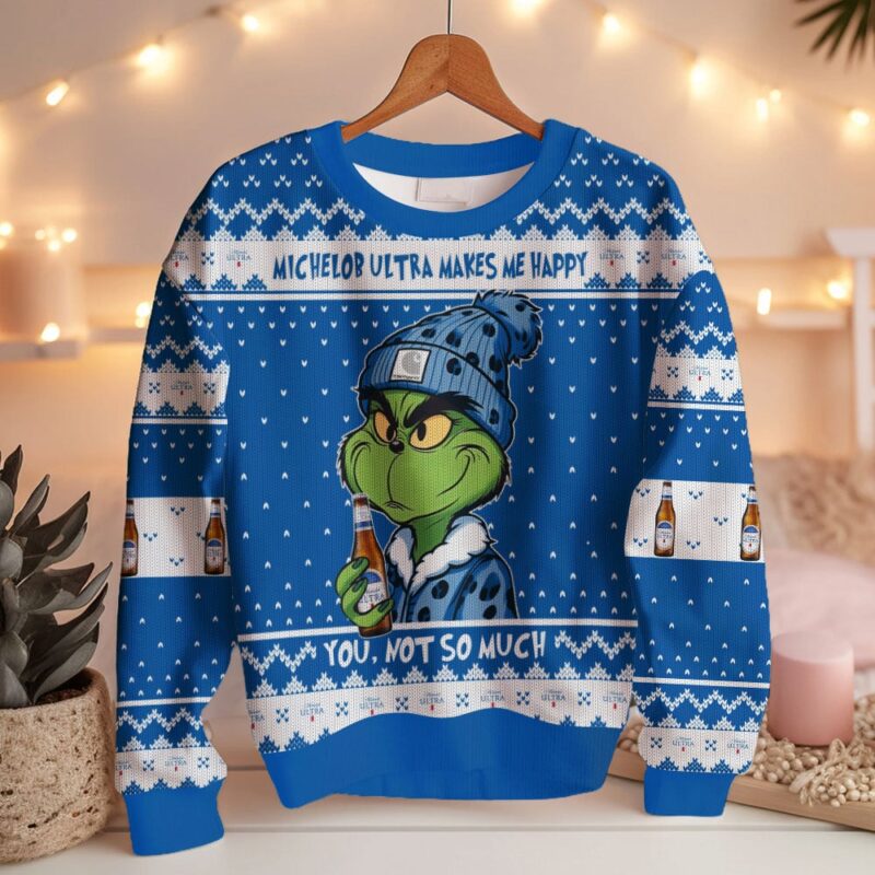 Hooktab Michelob Ultra Makes Me Happy Ugly Christmas Sweater Hooktab Michelob Ultra Makes Me Happy Ugly Christmas Sweater