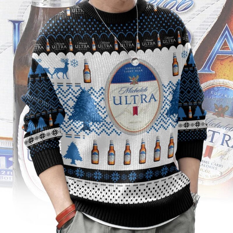 Hooktab Michelob Ultra Superior Light Beer Ugly Christmas Sweater Hooktab Michelob Ultra Superior Light Beer Ugly Christmas Sweater