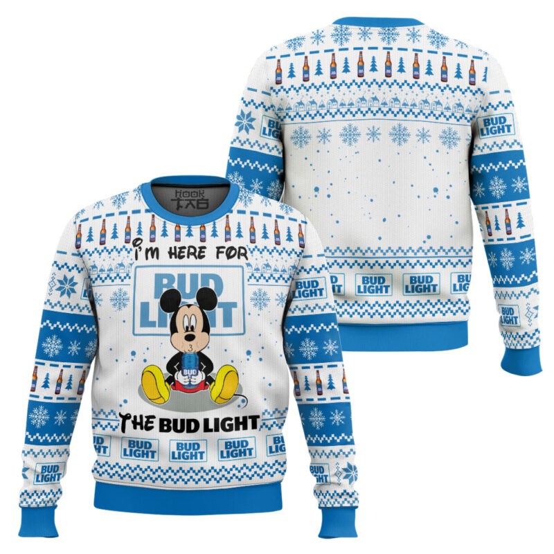 Hooktab Mickey I'm Here For The Bud Light Ugly Christmas Sweater Hooktab Mickey I'm Here For The Bud Light Ugly Christmas Sweater