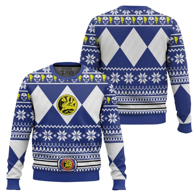 Hooktab Mighty Morphin Power Blue Ugly Christmas Sweater Hooktab Mighty Morphin Power Blue Ugly Christmas Sweater
