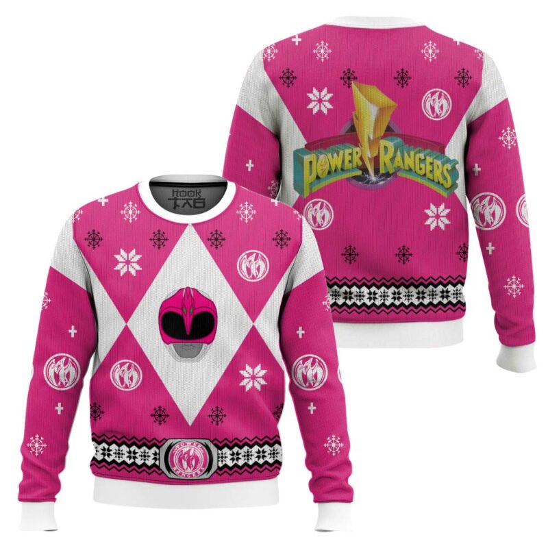 Hooktab Mighty Morphin Power Rangers Pink Ugly Christmas Sweater Hooktab Mighty Morphin Power Rangers Pink Ugly Christmas Sweater