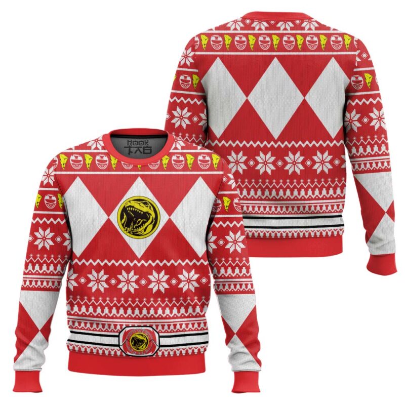 Hooktab Mighty Morphin Red Ranger Power Rangers Ugly Christmas Sweater Hooktab Mighty Morphin Red Ranger Power Rangers Ugly Christmas Sweater