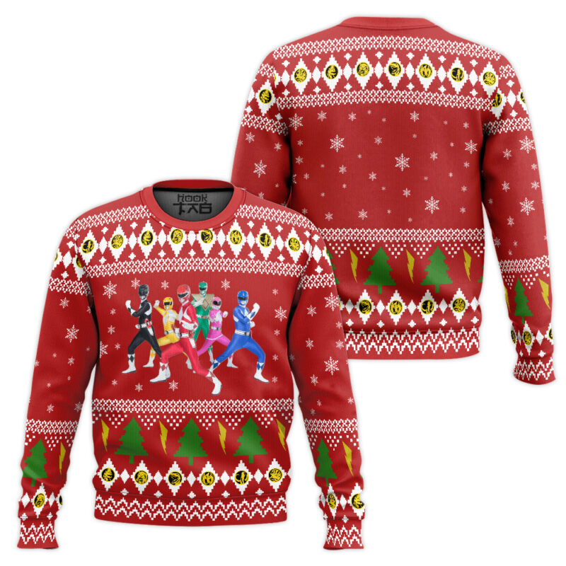 Hooktab Mighty Morphin Squad Power Rangers Ugly Christmas Sweater Hooktab Mighty Morphin Squad Power Rangers Ugly Christmas Sweater