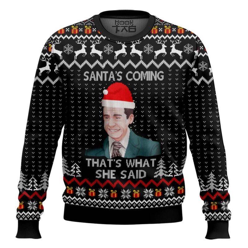 Hooktab Mike Santa's Coming That's What She Said The Office Ugly Christmas Sweater