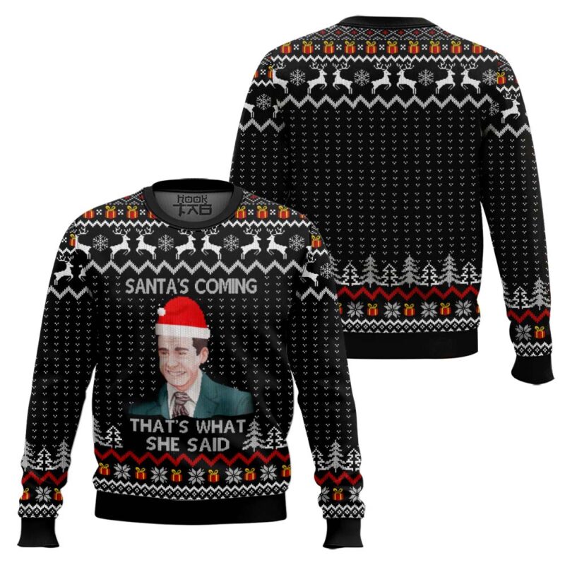 Hooktab Mike Santa's Coming That's What She Said The Office Ugly Christmas Sweater Hooktab Mike Santa's Coming That's What She Said The Office Ugly Christmas Sweater