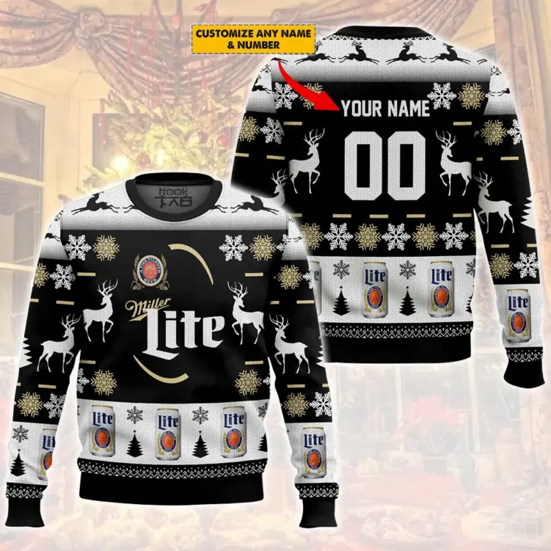 Hooktab Miller Lite Beer - Custom Name And Number Ugly Christmas Sweater Hooktab Miller Lite Beer - Custom Name And Number Ugly Christmas Sweater
