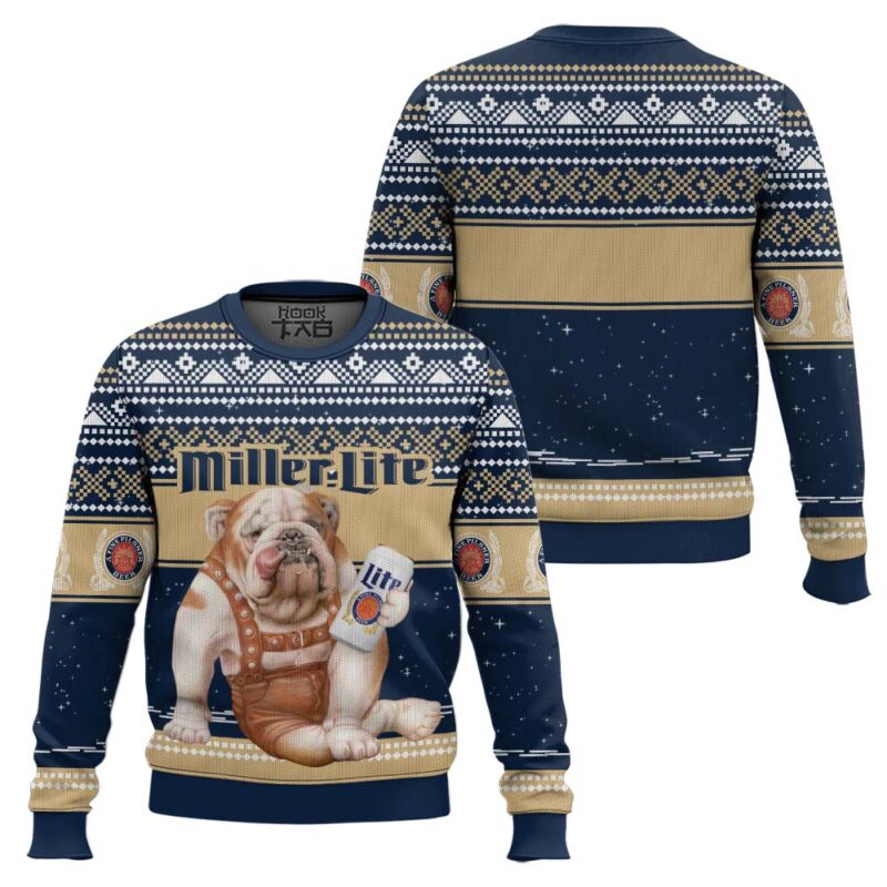 Hooktab Miller Lite Bulldog Ugly Christmas Sweater Hooktab Miller Lite Bulldog Ugly Christmas Sweater