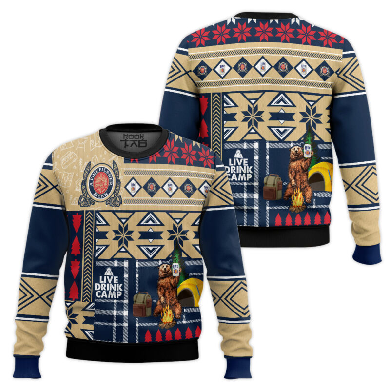 Hooktab Miller Lite Camping Ugly Christmas Sweater Hooktab Miller Lite Camping Ugly Christmas Sweater