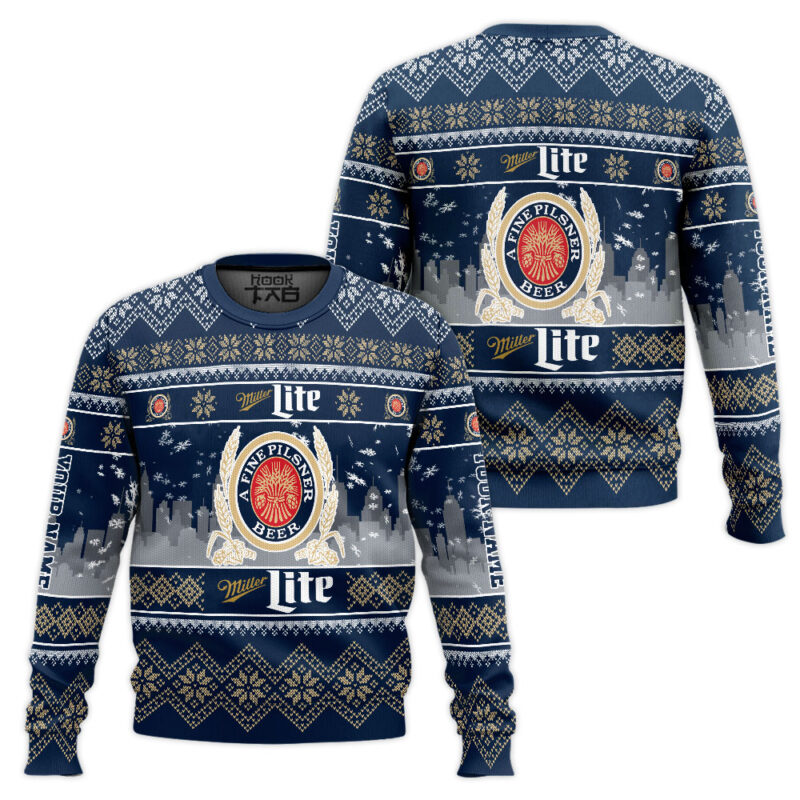 Hooktab Miller Lite Lager Beer - Custom Name Ugly Christmas Sweater Hooktab Miller Lite Lager Beer - Custom Name Ugly Christmas Sweater