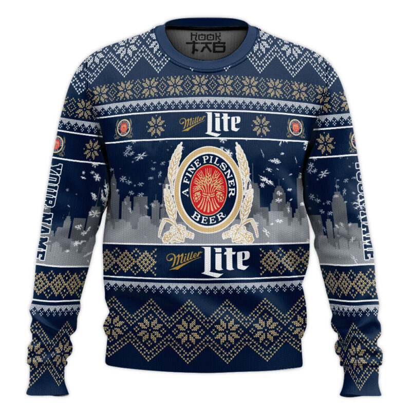 Hooktab Miller Lite Lager Beer - Custom Name Ugly Christmas Sweater Hooktab Miller Lite Lager Beer - Custom Name Ugly Christmas Sweater