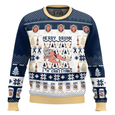 Hooktab Miller Lite Santa Merry Drunk Ugly Christmas Sweater
