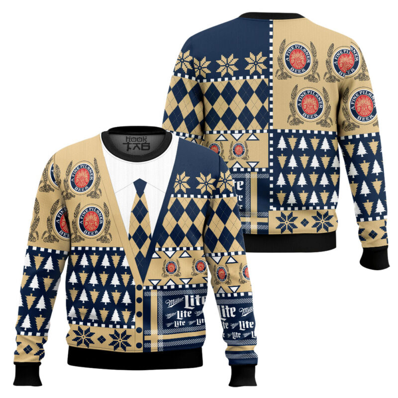 Hooktab Miller Lite Suit And Tie Ugly Christmas Sweater Hooktab Miller Lite Suit And Tie Ugly Christmas Sweater