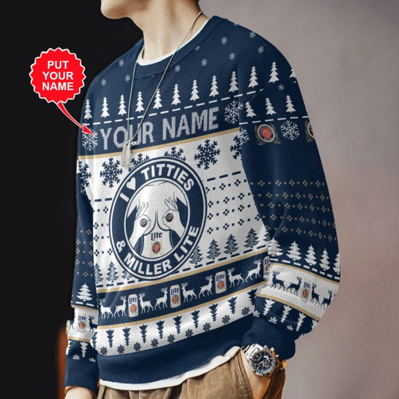 Hooktab Miller Lite Titties Funny - Custom Name Ugly Christmas Sweater Hooktab Miller Lite Titties Funny - Custom Name Ugly Christmas Sweater
