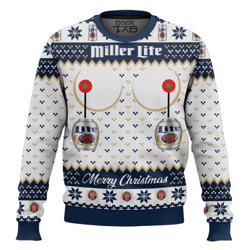 Hooktab Miller Lite Titties Funny Ugly Christmas Sweater Hooktab Miller Lite Titties Funny Ugly Christmas Sweater