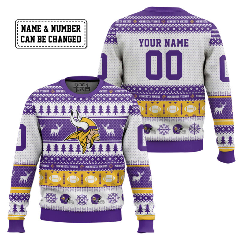 Hooktab Minnesota Vikings - Custom Name And Number Ugly Sweater Hooktab Minnesota Vikings - Custom Name And Number Ugly Sweater