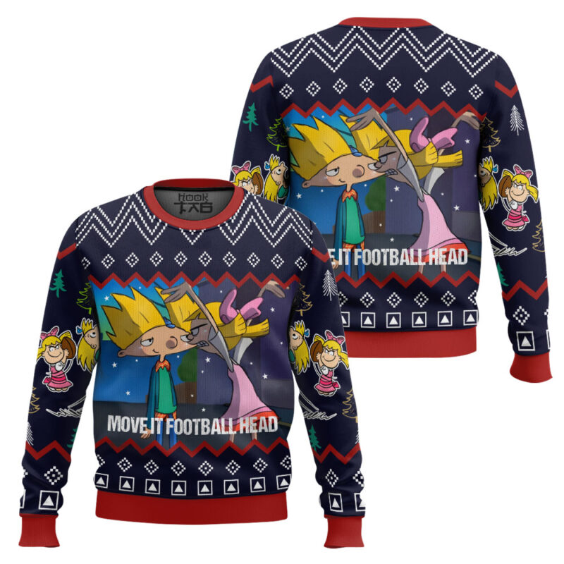 Hooktab Move It Football Head Hey Arnold! Ugly Christmas Sweater Hooktab Move It Football Head Hey Arnold! Ugly Christmas Sweater