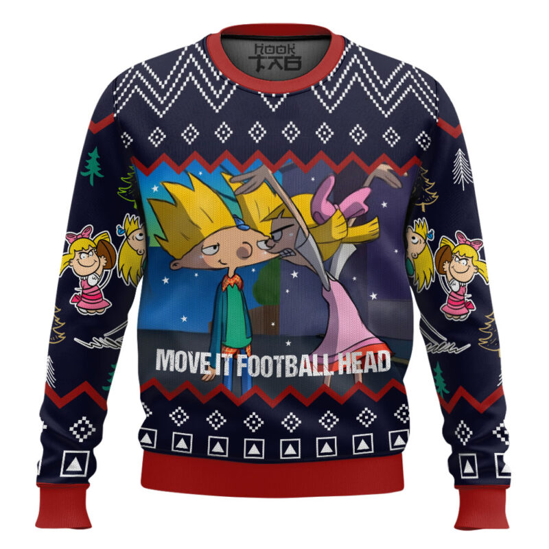 Hooktab Move It Football Head Hey Arnold! Ugly Christmas Sweater Hooktab Move It Football Head Hey Arnold! Ugly Christmas Sweater