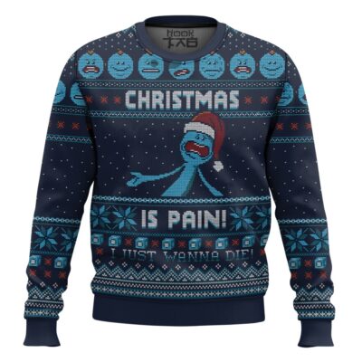 Hooktab Mr. Meeseeks “Christmas Is Pain” Rick And Morty Ugly Christmas Sweater