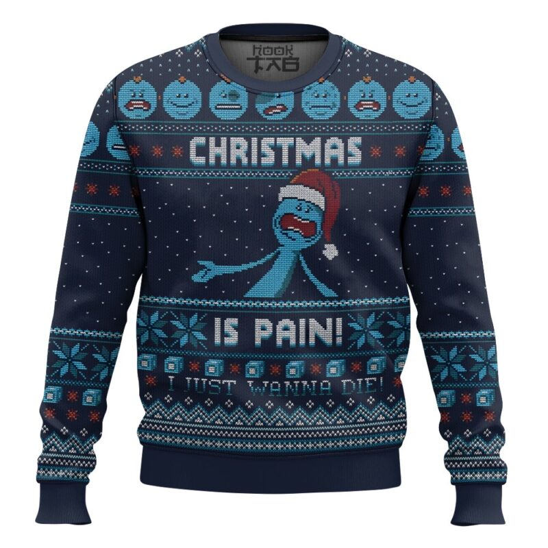 Hooktab Mr. Meeseeks “Christmas Is Pain” Rick And Morty Ugly Christmas Sweater