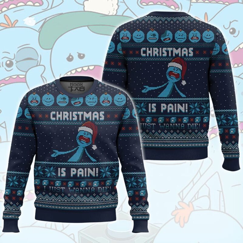 Hooktab Mr. Meeseeks “Christmas Is Pain” Rick And Morty Ugly Christmas Sweater Hooktab Mr. Meeseeks “Christmas Is Pain” Rick And Morty Ugly Christmas Sweater