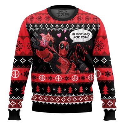 Hooktab My Heart Beats For You! Deadpool Ugly Christmas Sweater