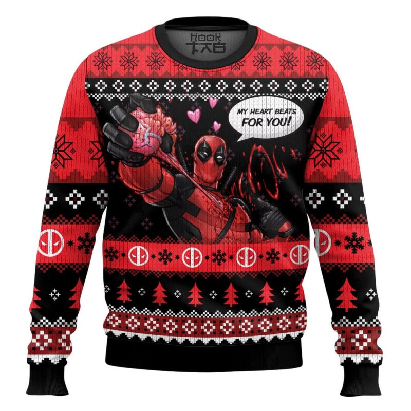 Hooktab My Heart Beats For You! Deadpool Ugly Christmas Sweater