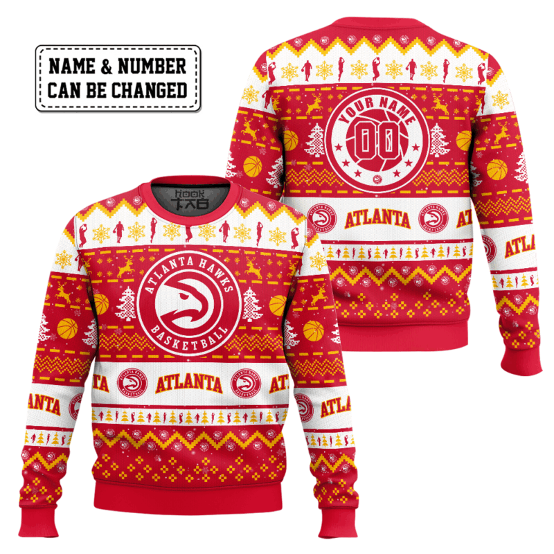Hooktab NBA Atlanta Hawks Custom Name And Number Ugly Christmas Sweater Hooktab NBA Atlanta Hawks Custom Name And Number Ugly Christmas Sweater