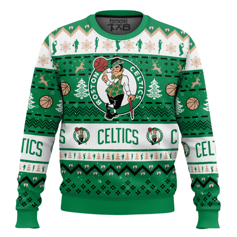 Hooktab NBA Boston Celtics Custom Name And Number Ugly Christmas Sweater