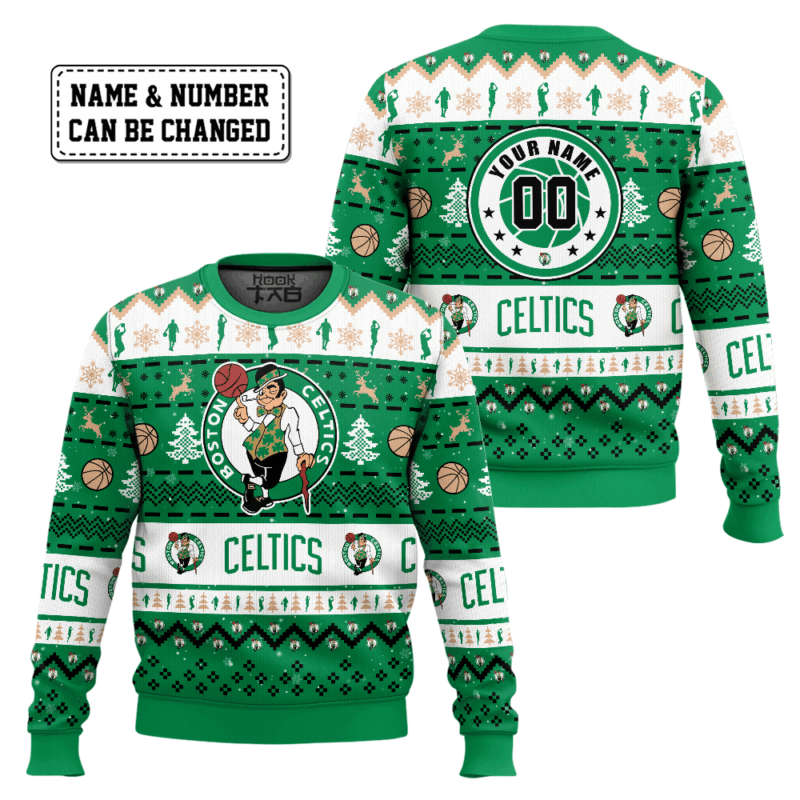 Hooktab NBA Boston Celtics Custom Name And Number Ugly Christmas Sweater Hooktab NBA Boston Celtics Custom Name And Number Ugly Christmas Sweater