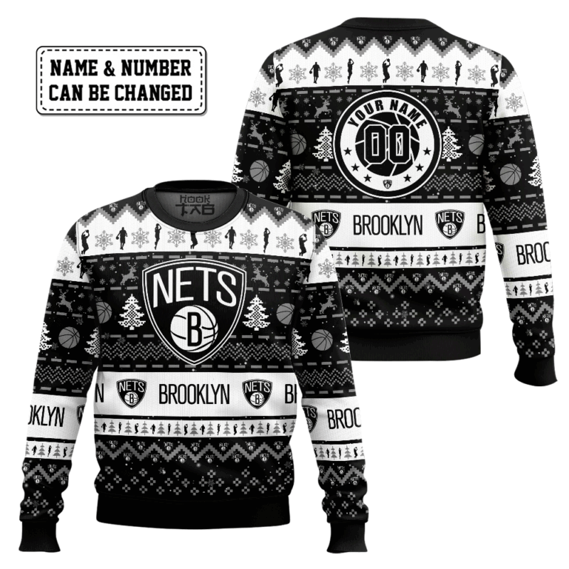 Hooktab NBA Brooklyn Nets Custom Name And Number Ugly Christmas Sweater Hooktab NBA Brooklyn Nets Custom Name And Number Ugly Christmas Sweater