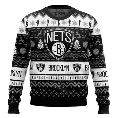 Hooktab NBA Brooklyn Nets Custom Name And Number Ugly Christmas Sweater