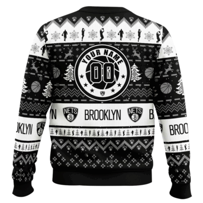 Hooktab NBA Brooklyn Nets Custom Name And Number Ugly Christmas Sweater