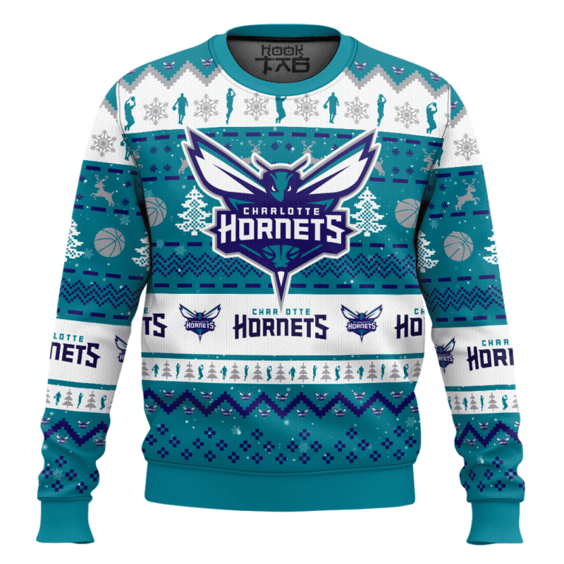 Hooktab NBA Charlotte Hornets Custom Name And Number Ugly Christmas Sweater