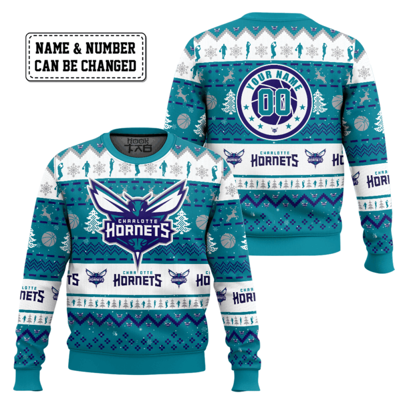 Hooktab NBA Charlotte Hornets Custom Name And Number Ugly Christmas Sweater Hooktab NBA Charlotte Hornets Custom Name And Number Ugly Christmas Sweater
