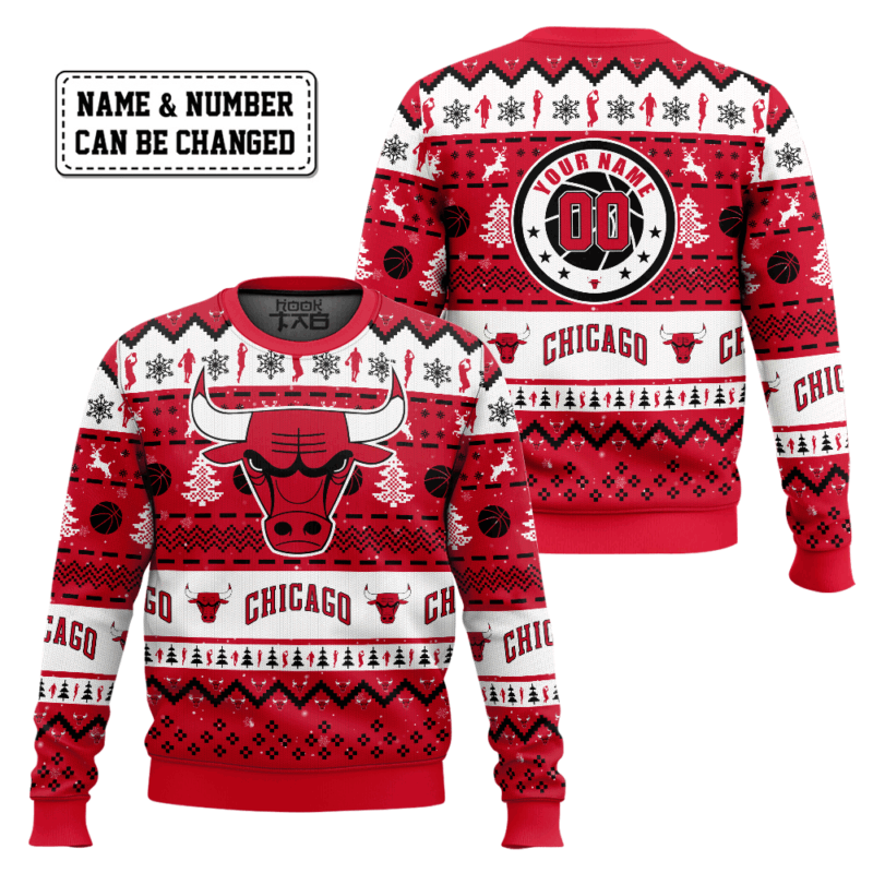 Hooktab NBA Chicago Bulls Custom Name And Number Ugly Christmas Sweater Hooktab NBA Chicago Bulls Custom Name And Number Ugly Christmas Sweater