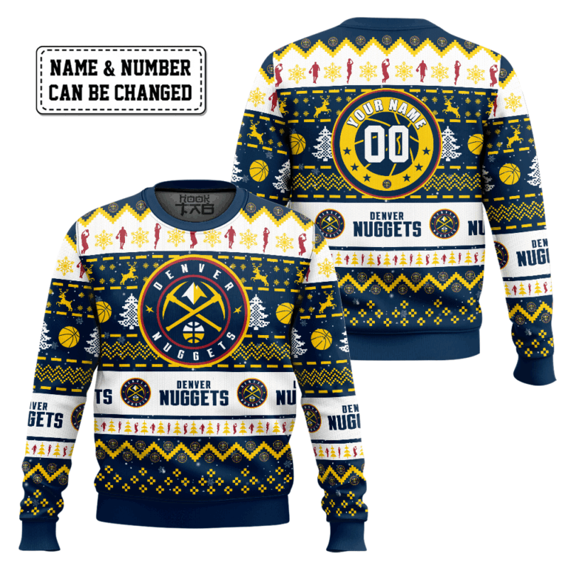 Hooktab NBA Denver Nuggets Custom Name And Number Ugly Christmas Sweater Hooktab NBA Denver Nuggets Custom Name And Number Ugly Christmas Sweater