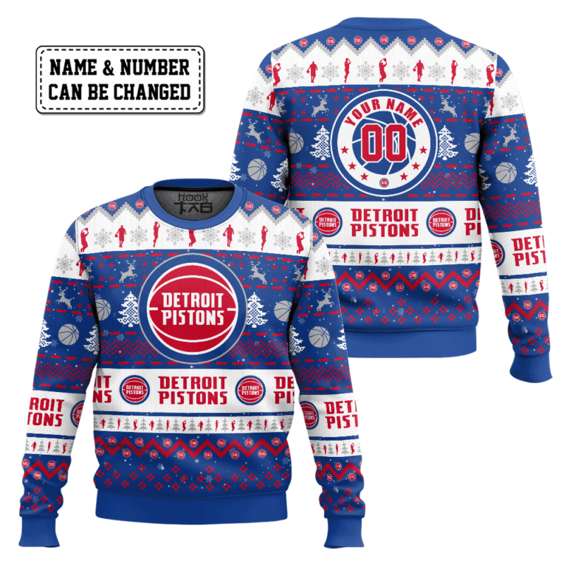 Hooktab NBA Detroit Pistons Custom Name And Number Ugly Christmas Sweater Hooktab NBA Detroit Pistons Custom Name And Number Ugly Christmas Sweater