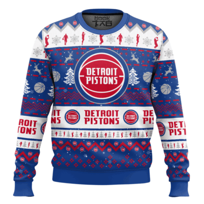 Hooktab NBA Detroit Pistons Custom Name And Number Ugly Christmas Sweater