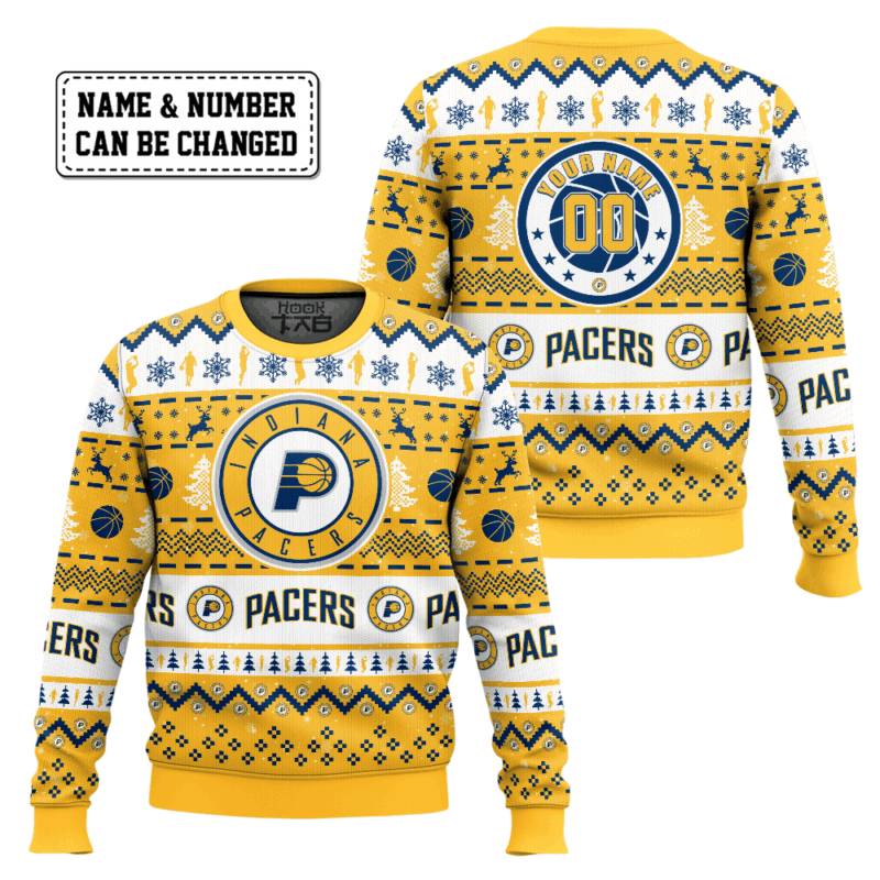 Hooktab NBA Indiana Pacers Custom Name And Number Ugly Christmas Sweater Hooktab NBA Indiana Pacers Custom Name And Number Ugly Christmas Sweater