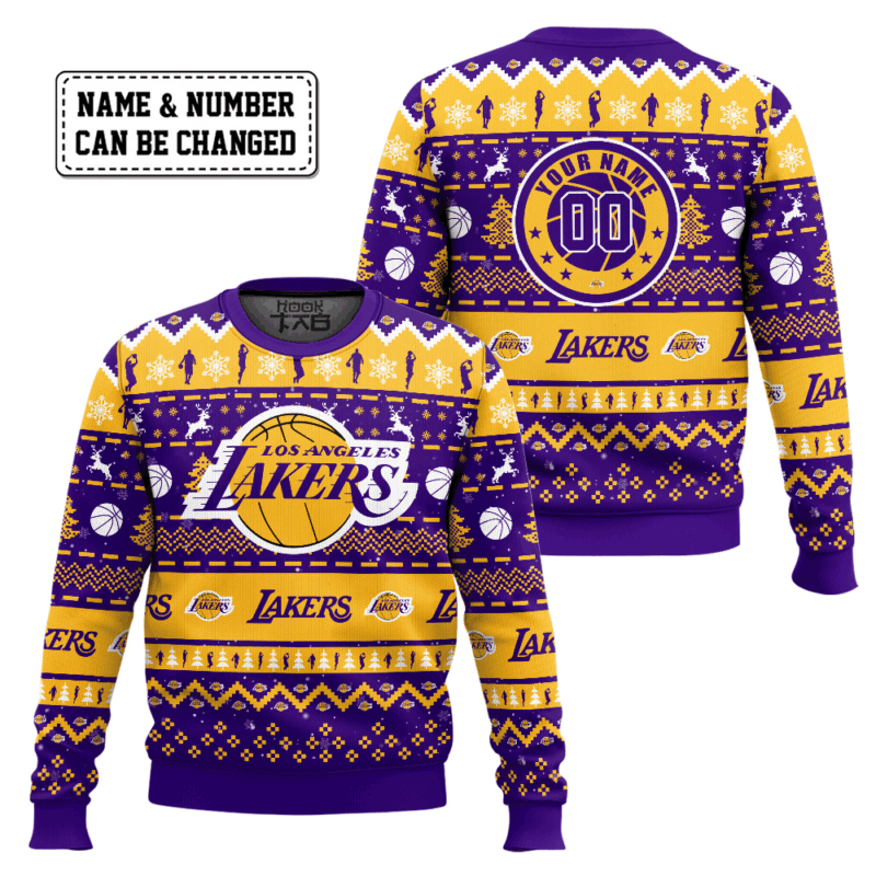 Hooktab NBA Los Angeles Lakers Custom Name And Number Ugly Christmas Sweater Hooktab NBA Los Angeles Lakers Custom Name And Number Ugly Christmas Sweater