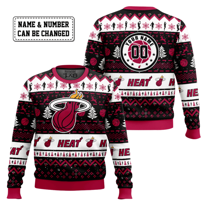 Hooktab NBA Miami Heat Custom Name And Number Ugly Christmas Sweater Hooktab NBA Miami Heat Custom Name And Number Ugly Christmas Sweater