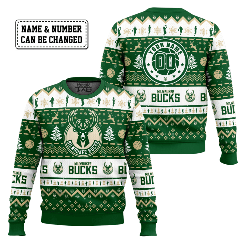 Hooktab NBA Milwaukee Bucks Custom Name And Number Ugly Christmas Sweater Hooktab NBA Milwaukee Bucks Custom Name And Number Ugly Christmas Sweater