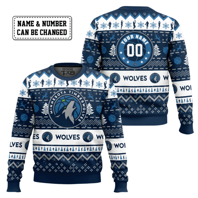 Hooktab NBA Minnesota Timberwolves Custom Name And Number Ugly Christmas Sweater Hooktab NBA Minnesota Timberwolves Custom Name And Number Ugly Christmas Sweater