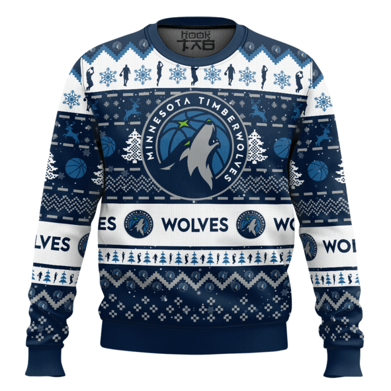 Hooktab NBA Minnesota Timberwolves Custom Name And Number Ugly Christmas Sweater
