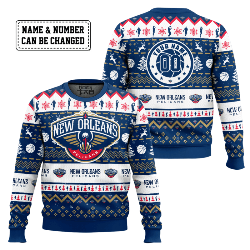 Hooktab NBA New Orleans Pelicans Custom Name And Number Ugly Christmas Sweater Hooktab NBA New Orleans Pelicans Custom Name And Number Ugly Christmas Sweater